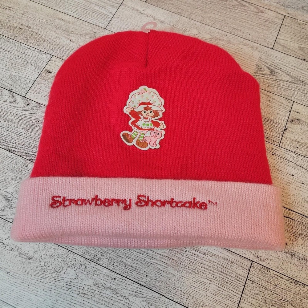 VTG Strawberry Shortcake Pink Red Beanie Hat Knit Embroidered OS